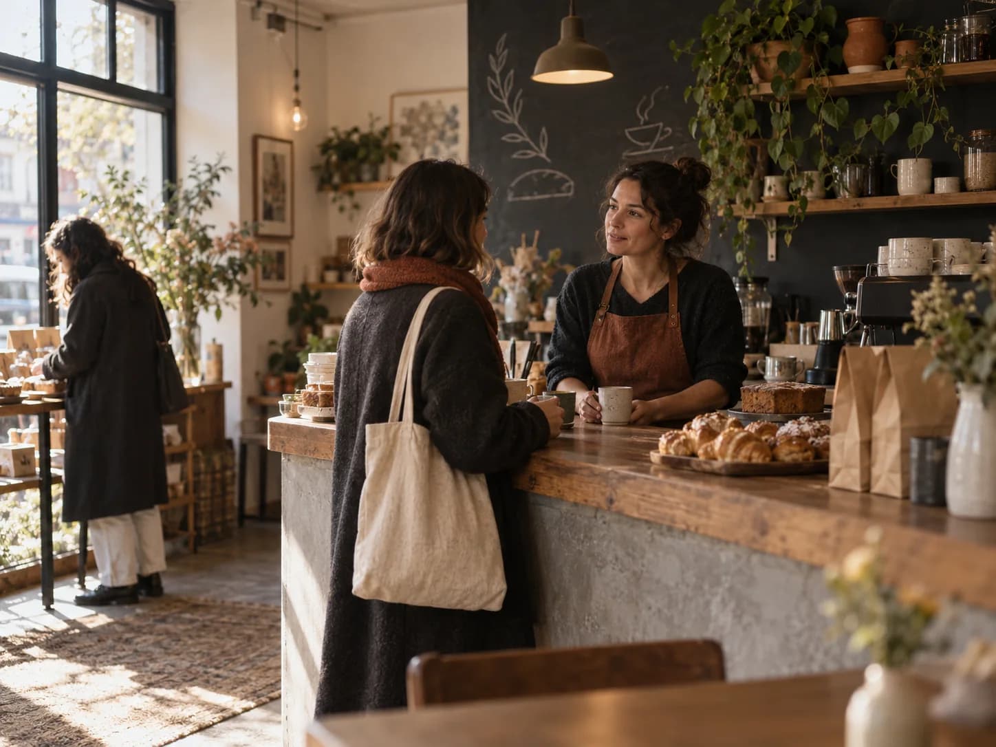 Illustrative scene of a café owner talking with a customer at the counter